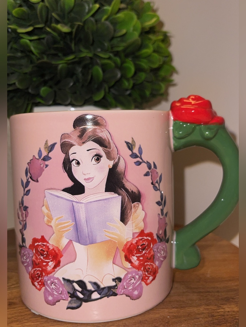 Disney Pink Belle Mug with Green Rose Handle and Red Rose Detail